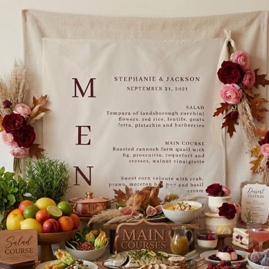 Elegant Burgundy & Ivory Wedding Bar Menu Wandkleed