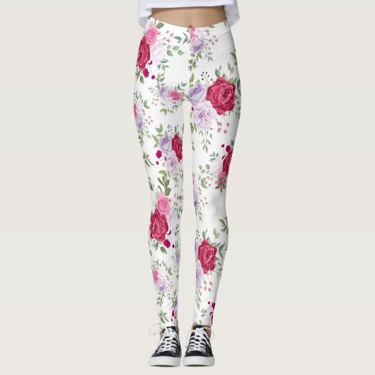 Elegant Burgundy & Lavender Floral Garden Pattern Leggings (Voorkant)
