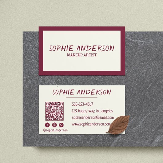 Elegant Burgundy Makeup Artist with QR Code Visitekaartje