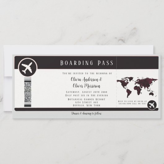 Elegant Burgundy Map Boarding Pass Wedding Kaart (Voorkant)