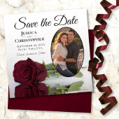 Elegant Burgundy Maroon Roos & Oval Photo Weddensc Save The Date