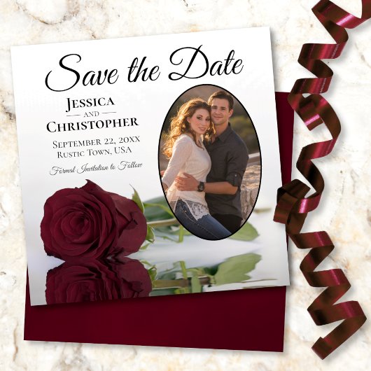 Elegant Burgundy Maroon Roos & Oval Photo Weddensc Save The Date