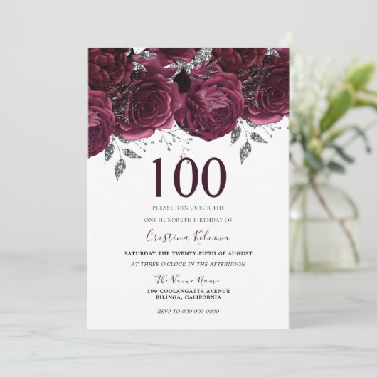 Elegant Burgundy Maroon Rozen 100e verjaardag Kaart (Staand voorkant)