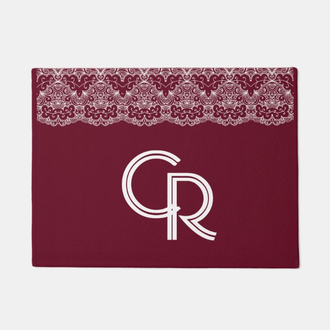 Elegant  Burgundy Maroon White Lace Doormat Deurmat (Voorkant)