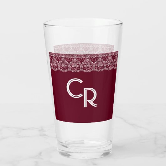 Elegant  Burgundy Maroon White Lace Glass Glas (Achterkant)