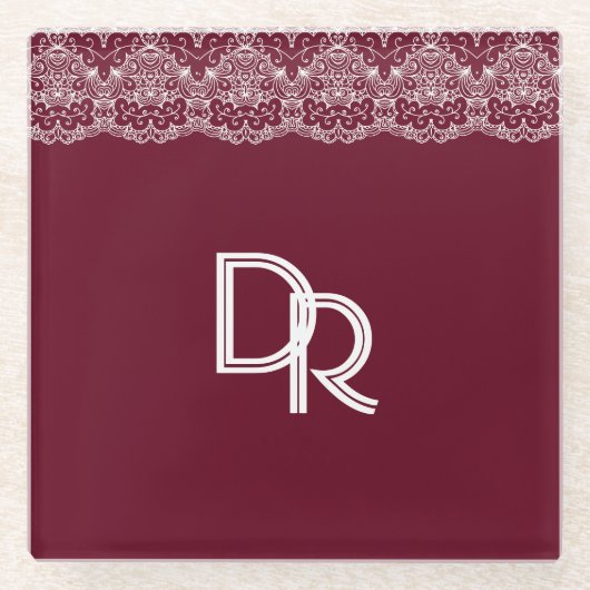 Elegant  Burgundy Maroon White Lace Glazen Onderzetter (Voorkant)