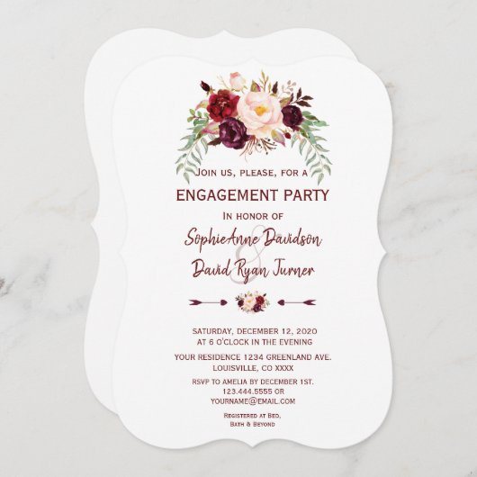 Elegant Burgundy Marsala Floral Engagement Party Kaart (Voorkant / Achterkant)