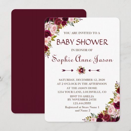 Elegant Burgundy Marsala Floral Herfst Baby shower Kaart (Voorkant / Achterkant)