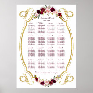 Elegant Burgundy Marsala Floral Herfst Seat Chart Poster