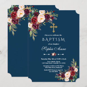 Elegant Burgundy Marsala Floral Navy Girl Baptisme Kaart