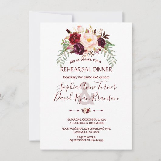 Elegant Burgundy Marsala Floral Rehearsal Dinner Kaart (Voorkant)