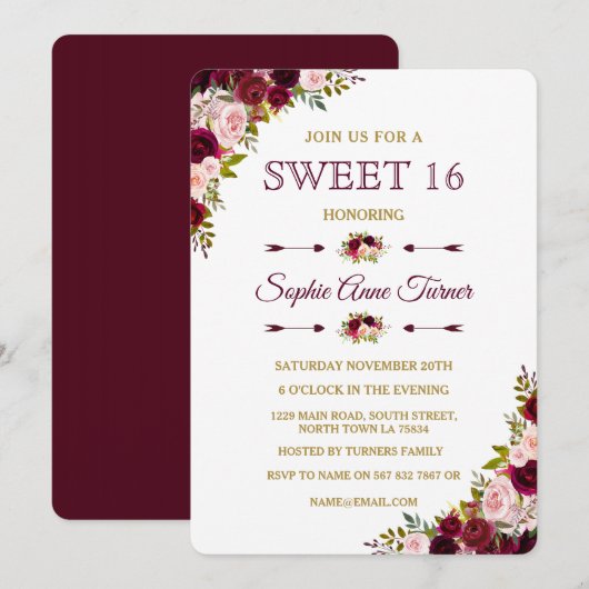 Elegant Burgundy Marsala Floral Sweet 16 Invite Kaart (Voorkant / Achterkant)