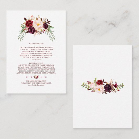 Elegant Burgundy Marsala Floral Wedding Details Informatiekaartje (Voorkant / Achterkant)