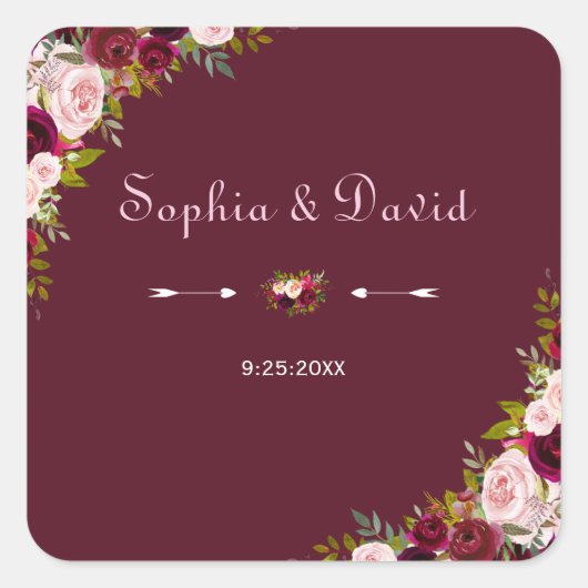 Elegant Burgundy Marsala Floral Wedding Vierkante Sticker (Voorkant)