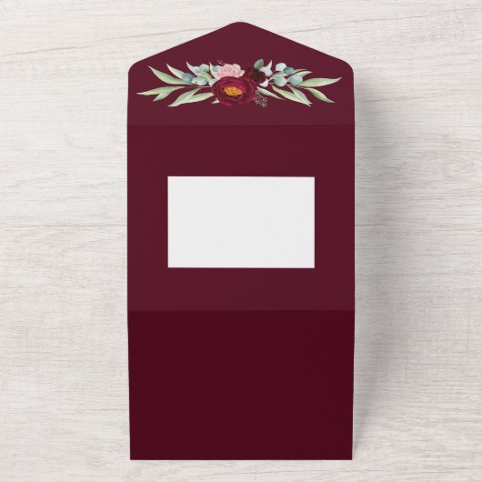 Elegant, Burgundy Marsala Waterverf Floral All In One Uitnodiging (Buitenkant)
