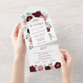 Elegant, Burgundy Marsala Waterverf Floral All In One Uitnodiging (Afscheurbaar)