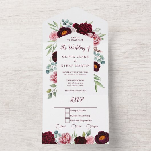 Elegant, Burgundy Marsala Waterverf Floral All In One Uitnodiging (Binnen)