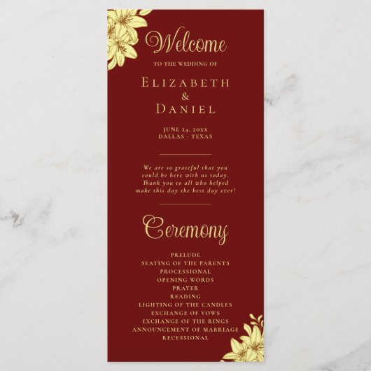 Elegant Burgundy met Gold Typography Wedding Programmakaart (Voorkant)