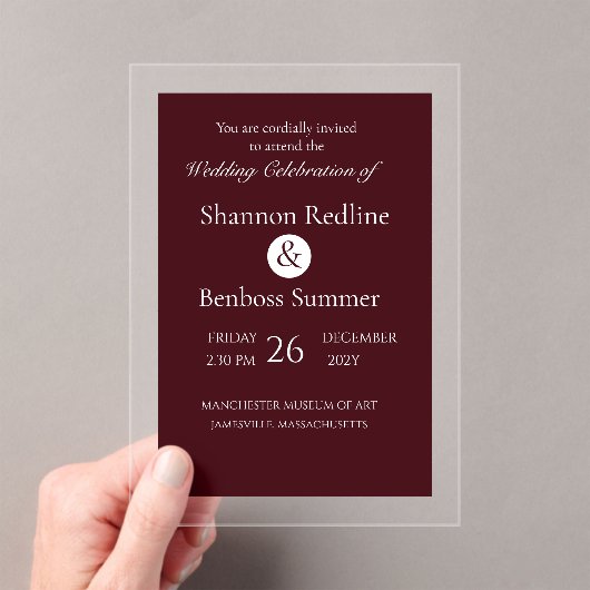 Elegant Burgundy Minimalist Acryl Uitnodigingen (Insitu (Draagbaar))