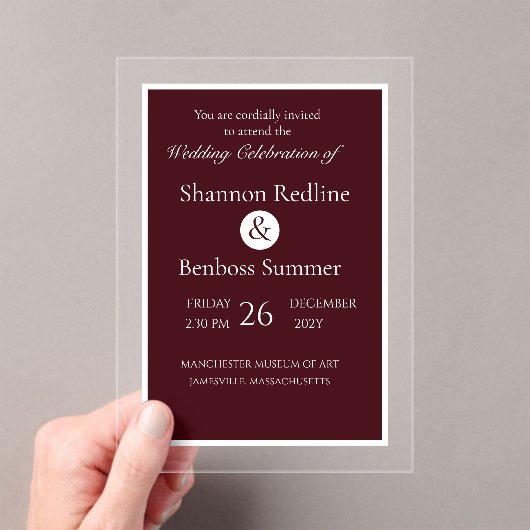 Elegant Burgundy Minimalist Acryl Uitnodigingen (Insitu (Draagbaar))