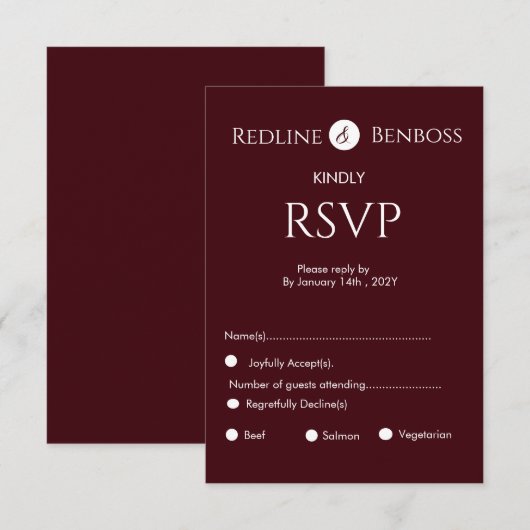 Elegant Burgundy Minimalist Wedding  RSVP Kaartje (Voorkant / Achterkant)