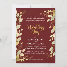 Elegant Burgundy Modern Gold Botanical Wedding Kaart