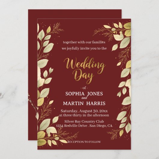Elegant Burgundy Modern Gold Botanical Wedding Kaart (Voorkant / Achterkant)