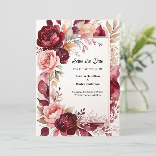 Elegant Burgundy Modern Save The Date (Staand voorkant)