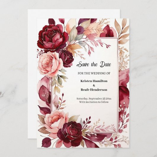 Elegant Burgundy Modern Save The Date (Voorkant / Achterkant)