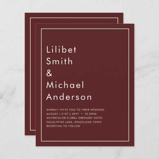 Elegant Burgundy Monochrome Weddenschap Eenvoudig (Voorkant / Achterkant)