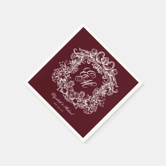 Elegant Burgundy Monogram Crest Script Wedding Servet (Hoek)
