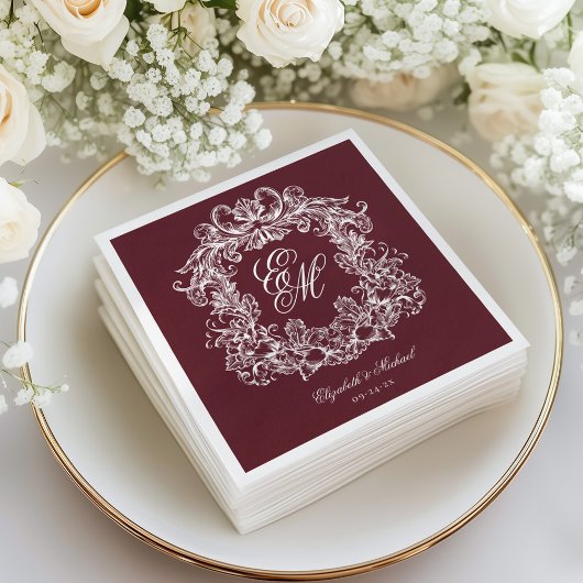 Elegant Burgundy Monogram Crest Script Wedding Servet