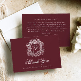 Elegant Burgundy Monogram Crest Vintage Wedding  Bedankkaart