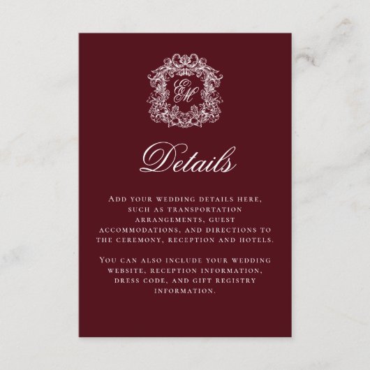 Elegant Burgundy Monogram Crest Wedding Details Informatiekaartje (Voorkant)