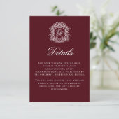 Elegant Burgundy Monogram Crest Wedding Details Informatiekaartje (Staand voorkant)