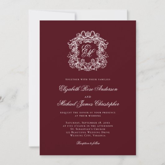 Elegant Burgundy Monogram Crest Wedding Kaart (Voorkant)