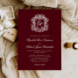 Elegant Burgundy Monogram Crest Wedding Kaart