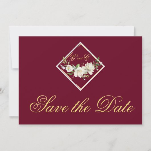 Elegant Burgundy Monogram Gold bewaart de datum Save The Date (Voorkant)