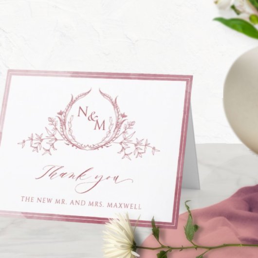 Elegant Burgundy Monogram, Waterverf bruiloft Bedankkaart