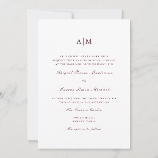 Elegant Burgundy Monogram Weddenschap Kaart (Voorkant)