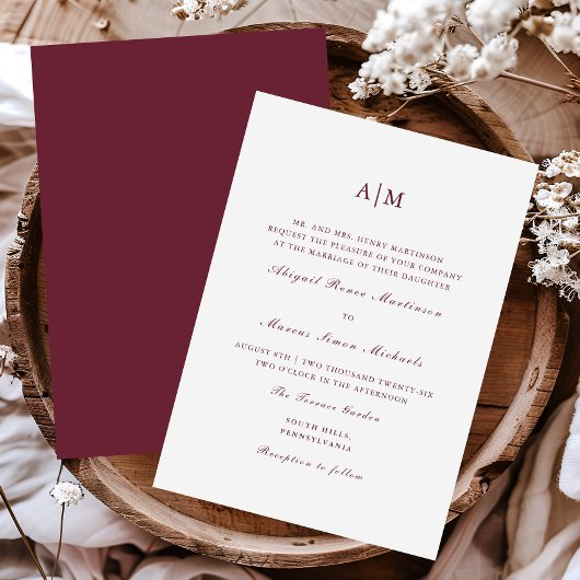 Elegant Burgundy Monogram Weddenschap Kaart