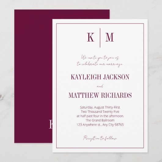 Elegant Burgundy Monogram Wedding  Kaart (Voorkant / Achterkant)