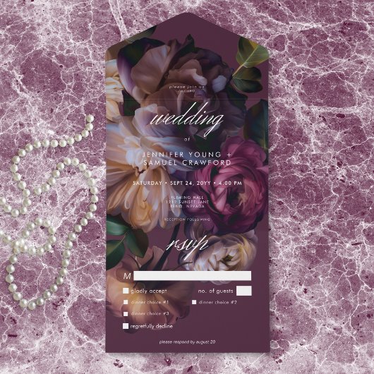 Elegant Burgundy Moody Floral Wedding Dinner All In One Uitnodiging