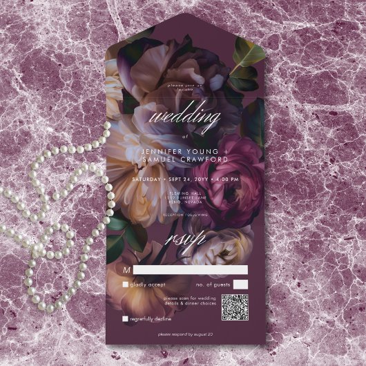 Elegant Burgundy Moody Floral Wedding QR Code All In One Uitnodiging