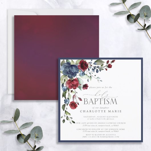 Elegant Burgundy Navy Blue Floral Baptism Kaart