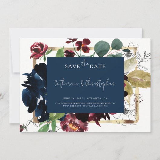 Elegant Burgundy Navy Blue Floral Garden Wedding Save The Date (Voorkant)