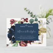 Elegant Burgundy Navy Blue Floral Garden Wedding Save The Date (Staand voorkant)