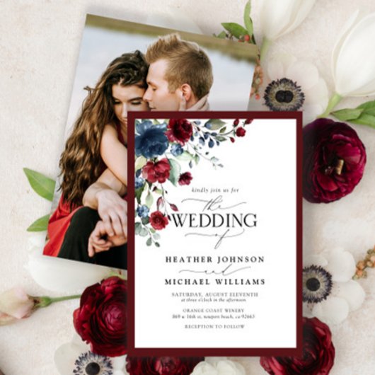 Elegant Burgundy Navy Blue Floral Waterverf Foto Kaart