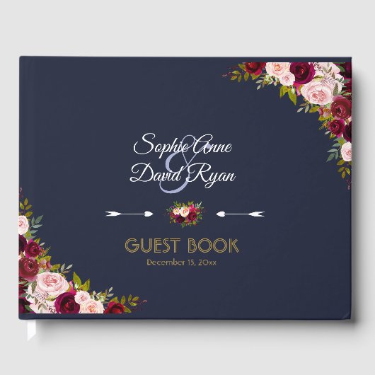 Elegant Burgundy Navy Blue Floral Wedding Gastenboek (Voorkant)