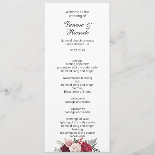 Elegant burgundy Navy Blue Floral Wedding Programm Programmakaart (Voorkant)
